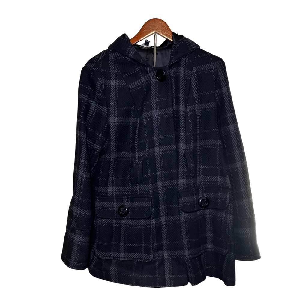 GEORGE Women's Plaid Hooded Coat Jacket Size 16 Black Grey Wool Blend